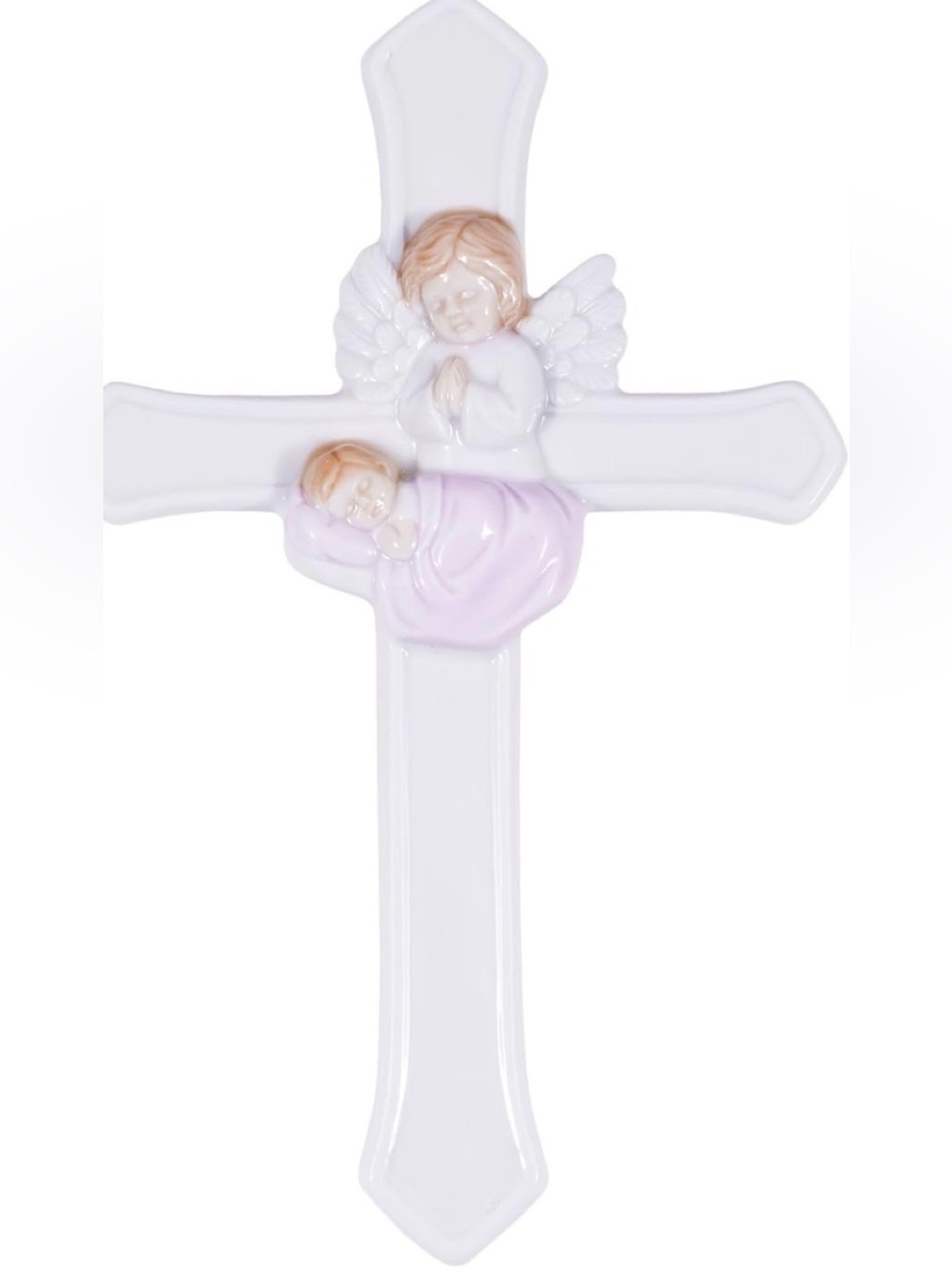 7 in White Ceramic Cross with Angel and Sleeping Child Accent